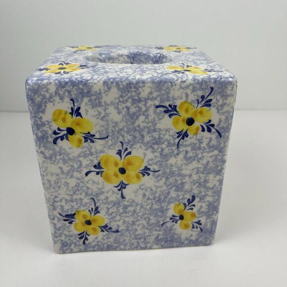 Vestal Alcobaca Portugal Pottery Blue Sponge ware Yellow FlowerTissue Box Cover - Picture 5 of 10